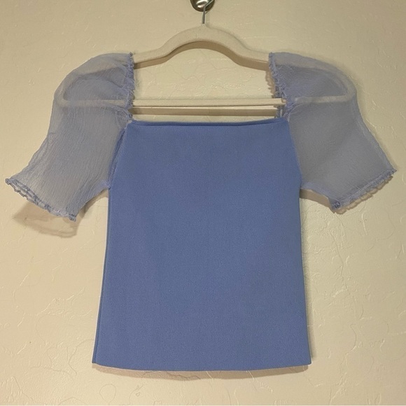 Zara Periwinkle Stretchy Knit Sheer Balloon Sleeve Cropped Square Neck Top S - Picture 5 of 9